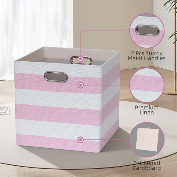Storage Cube Bins | Set of 4 | Pink & White Stripe | Foldable Fabric Organizers - Picture 3 of 3